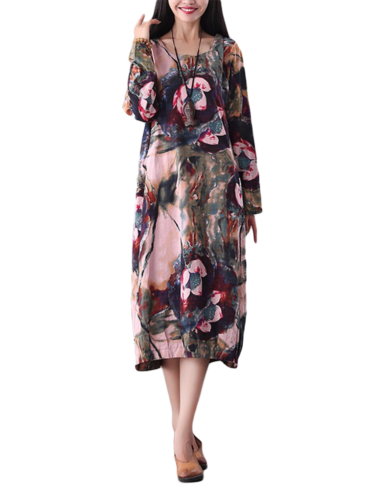 S-5XL Casual Women Floral Printing Pockets Dress