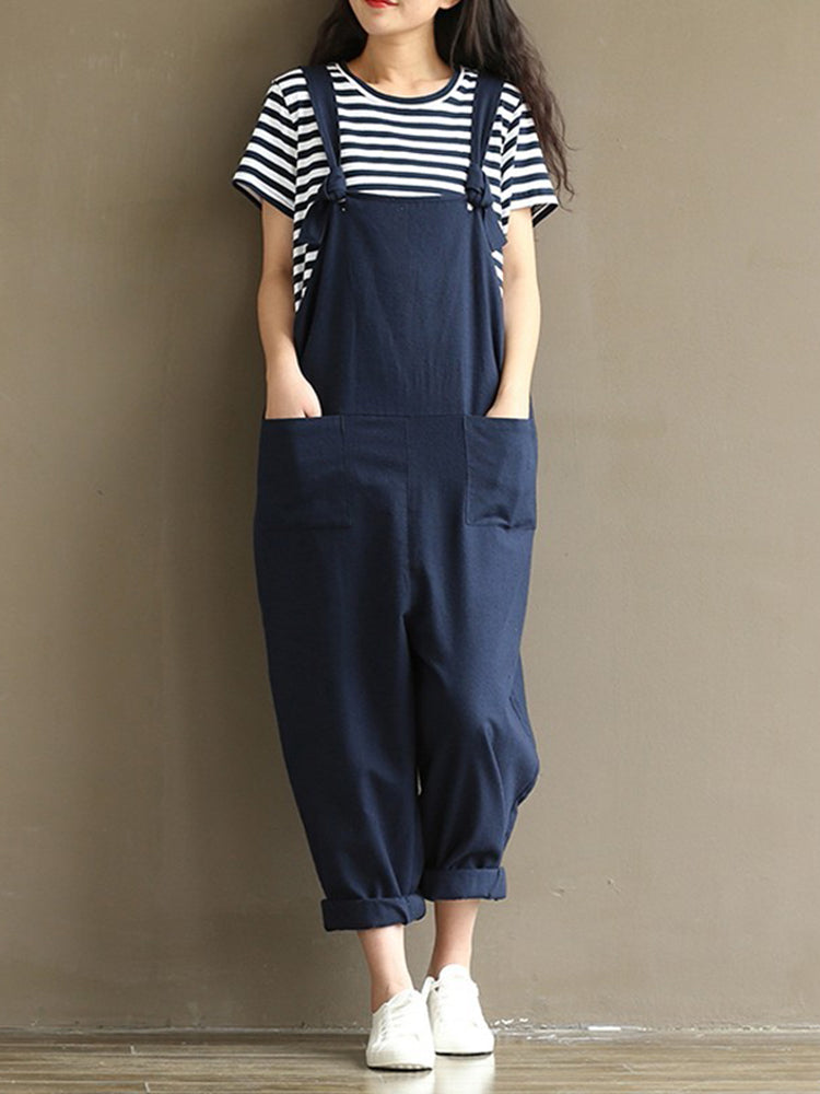 Womens Casual Baggy Strap Pocket Jumpsuit Trousers